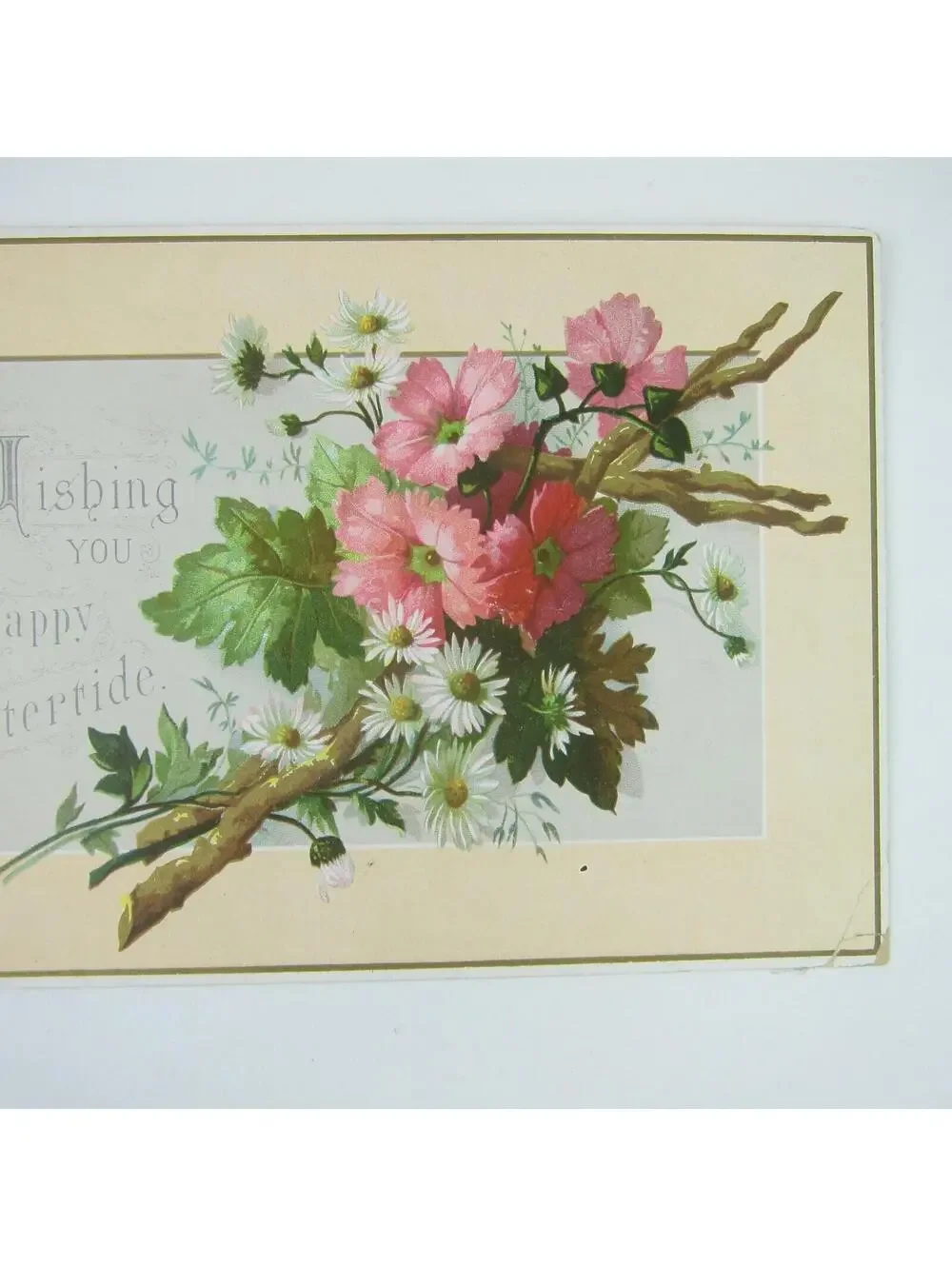 Victorian Greeting Card Easter Pink Flowers White Daisies Green Leaves Antique